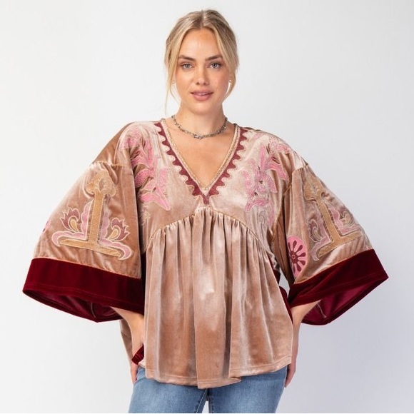 easel Tops - Easel Velvet Kimono Sleeve Top in Tan and Burgundy NWT multiple available